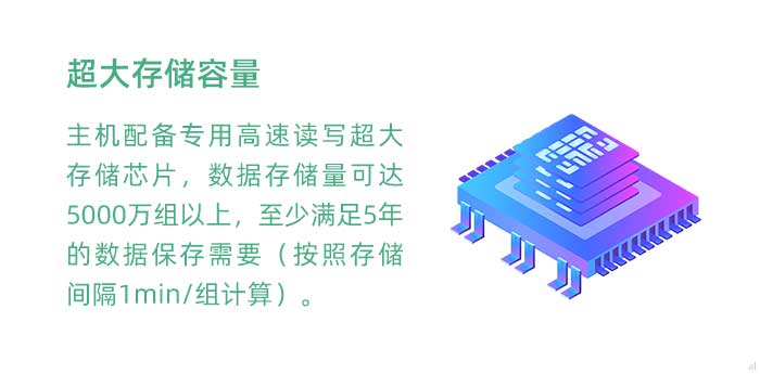 超大存儲容量。GT3100G車載溫濕度監(jiān)測主機配備專用高速讀寫超大存儲芯片，數(shù)據(jù)存儲量可達5000萬組以上，至少滿足5年的數(shù)據(jù)保存需要（按照存儲間隔1min/組計算）。