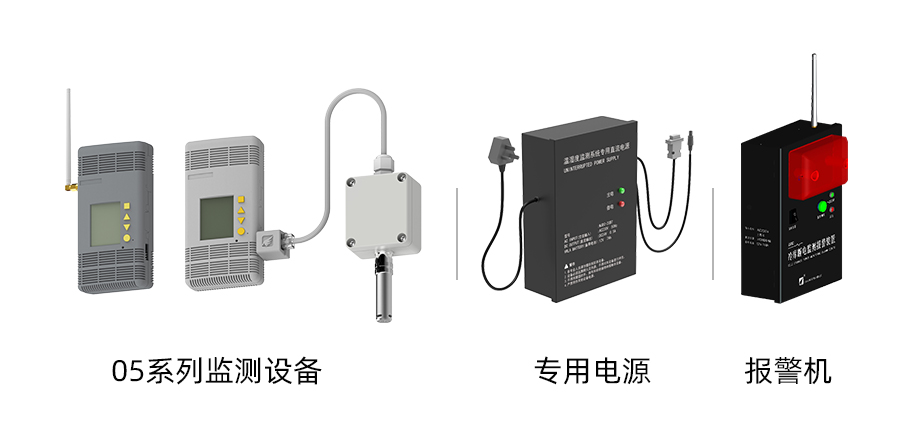 部分設(shè)備展示：05系列溫濕度監(jiān)測(cè)設(shè)備、報(bào)警機(jī)